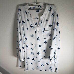 Anthropologie Anthology Sheer Blouse with Birds and Roll Tab Sleeves Size US 26